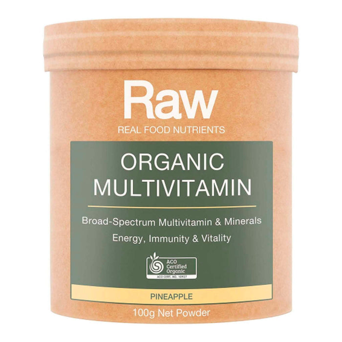Amazonia RawRaw Organic Multivitamin with pineapple flavor in 100g package, showing the colorful vitamin supplement.