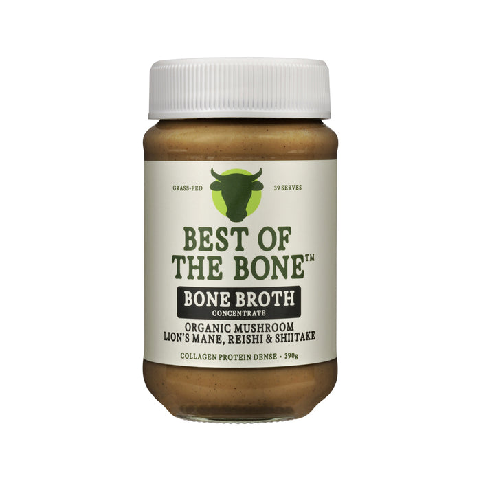 Best of the Bone Bone Broth Beef with Healing Mushrooms including Lion’s Mane, Reishi, and Shiitake in a 390g jar.