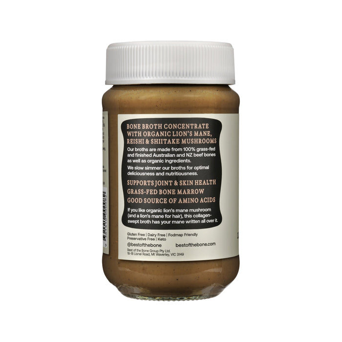 Best of the Bone Bone Broth Beef with healing organic mushrooms, including lion's mane, reishi, and shiitake, in a 390g container.
