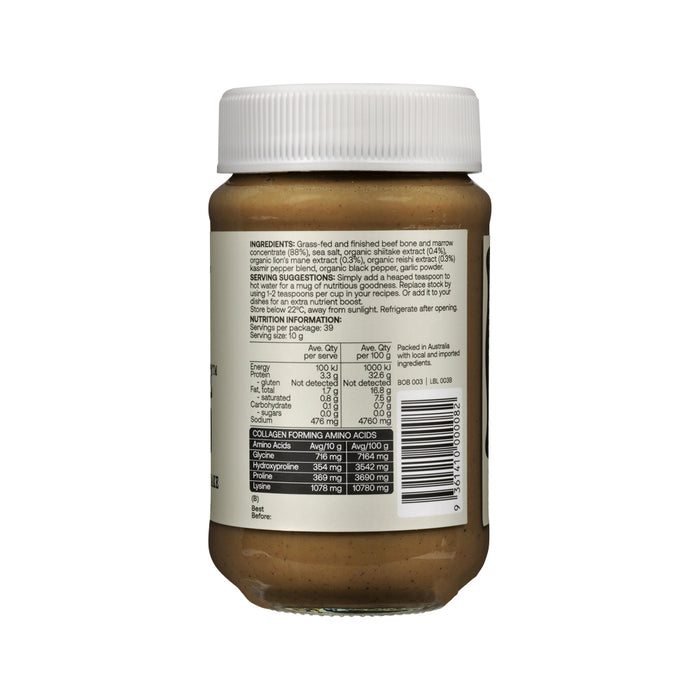 Back view of Best of the Bone Bone Broth Beef with organic healing mushrooms like lion’s mane, reishi, and shiitake in 390g package.