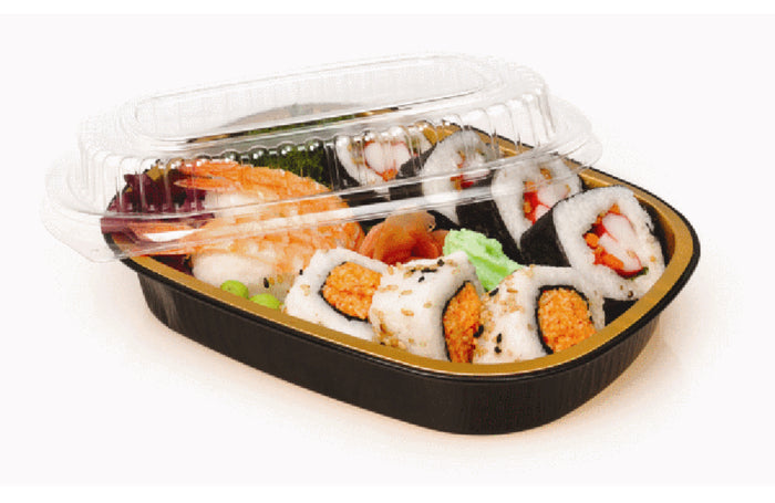 Black & Gold (48oz) Foil Entrée Pan w/ Dome Lid, 50 Pack