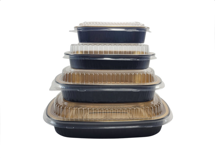 Black & Gold (48oz) Foil Entrée Pan w/ Dome Lid, 50 Pack