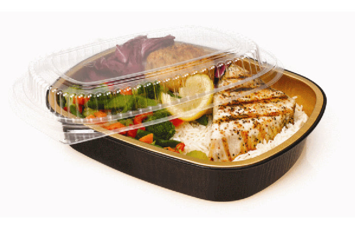 Black & Gold (64oz) Foil Entrée Pan w/ Dome Lid, 50 Pack