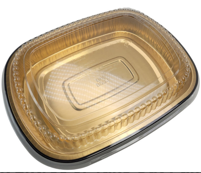 Black & Gold (64oz) Foil Entrée Pan w/ Dome Lid, 50 Pack