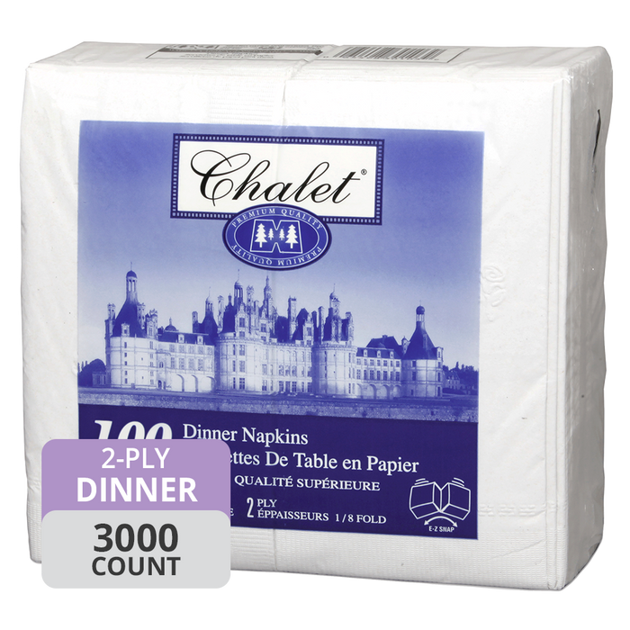 Chalet Dinner Napkins (2-Ply, 15in x 16in, White, 1/8 Fold), 3000 Count