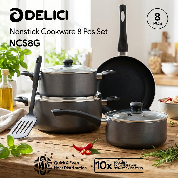 Delici 8-Piece Nonstick Cookware Set NCS8-G | PFOA-Free Aluminium Cookware