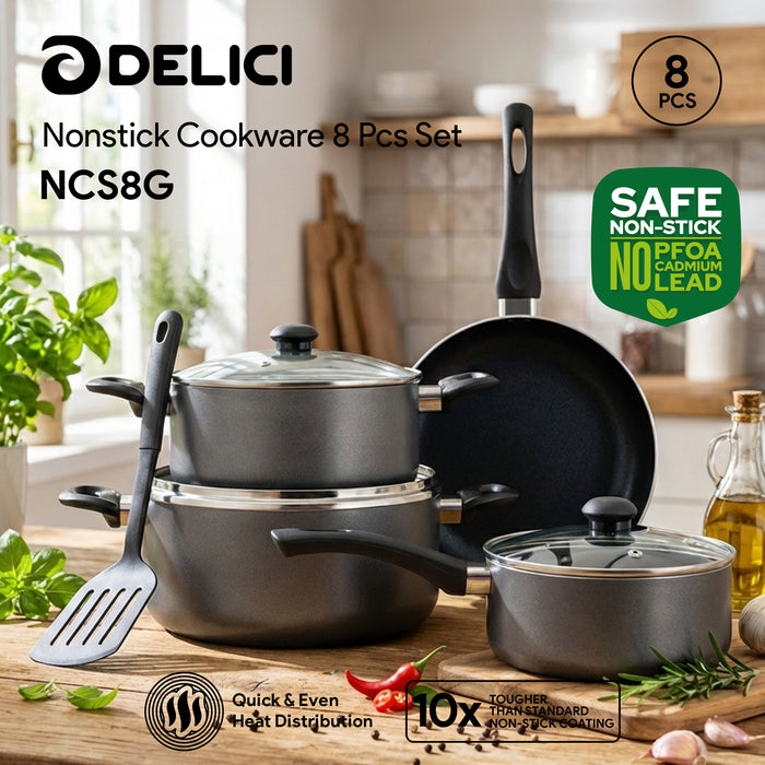 Delici 8-Piece Nonstick Cookware Set NCS8-G | PFOA-Free Aluminium Cookware
