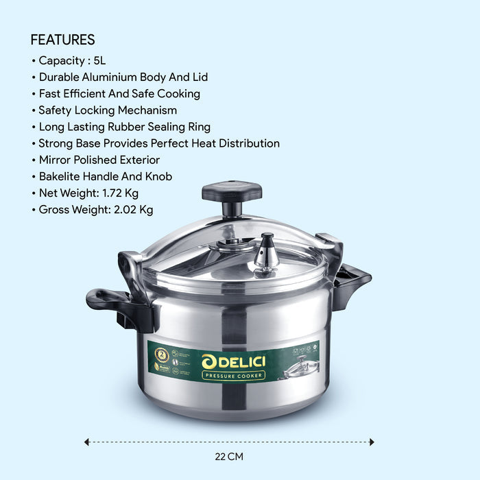 Delici Aluminium Pressure Cooker 5 Litre | Safety Lock | 2-Year Warranty | DPC5A