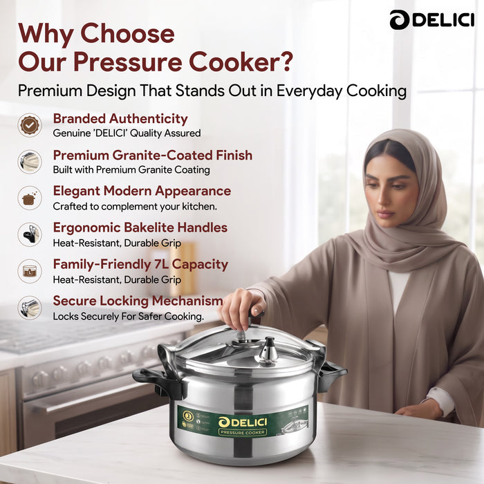 Delici Aluminium Pressure Cooker 7 Litre | Pressure Regulator | Safety Lock | 2-Year Warranty | DPC7A