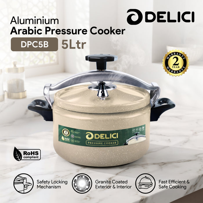 Delici Granite Aluminium Pressure Cooker 5 Litre | Beige | Safety Lock | 2-Year Warranty | DPC5B
