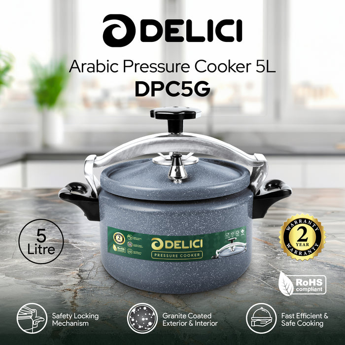 Delici Granite Aluminium Pressure Cooker 5 Litre | Gray | Safety Lock | 2-Year Warranty | DPC5G