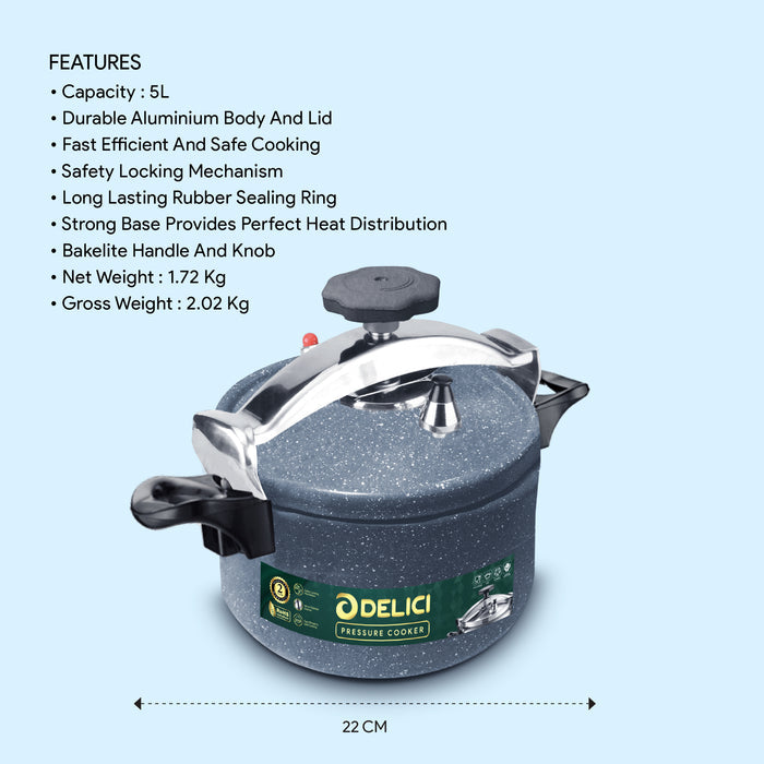 Delici Granite Aluminium Pressure Cooker 5 Litre | Gray | Safety Lock | 2-Year Warranty | DPC5G