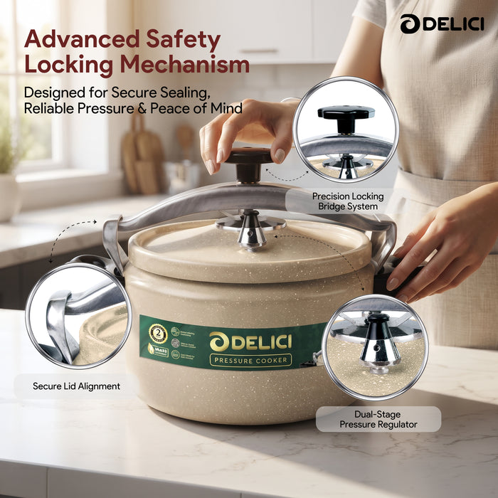 Delici Granite Aluminium Pressure Cooker 7 Litre | Beige | Safety Lock | 2-Year Warranty | DPC7B