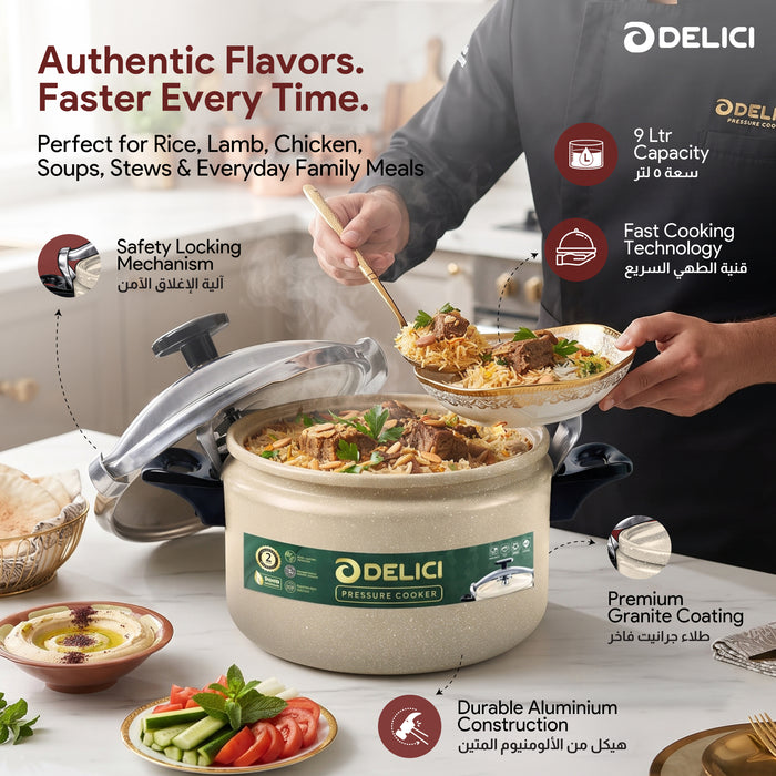 Delici Granite Aluminium Pressure Cooker 9 Litre | Beige | Safety Lock | 2-Year Warranty | DPC9B
