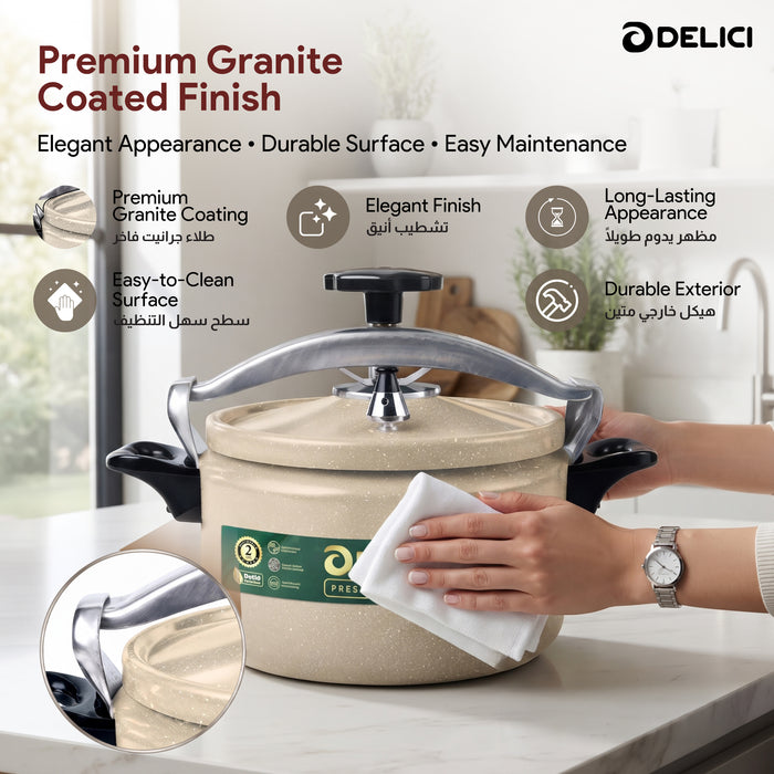Delici Granite Aluminium Pressure Cooker 9 Litre | Beige | Safety Lock | 2-Year Warranty | DPC9B