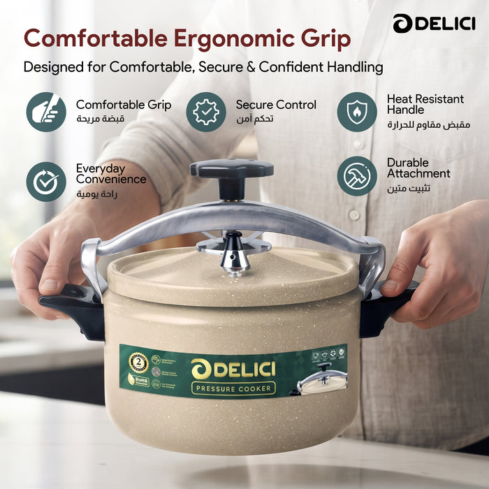 Delici Granite Aluminium Pressure Cooker 9 Litre | Beige | Safety Lock | 2-Year Warranty | DPC9B