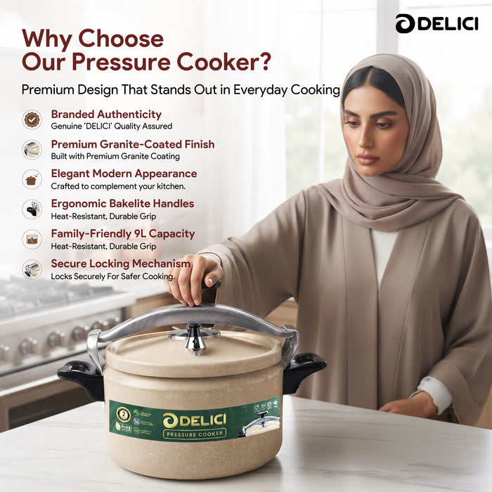 Delici Granite Aluminium Pressure Cooker 9 Litre | Beige | Safety Lock | 2-Year Warranty | DPC9B