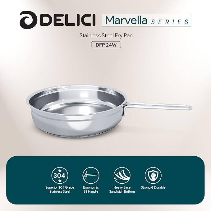 Delici Stainless Steel Fry Pan 24CM | 304 Grade SS | Oven Safe | DFP24W