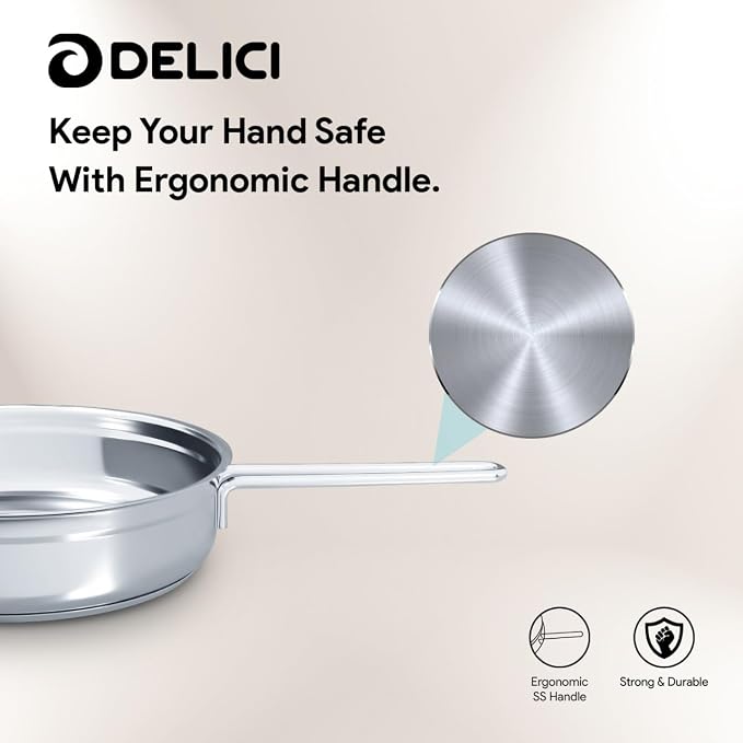 Delici Stainless Steel Fry Pan 24CM | 304 Grade SS | Oven Safe | DFP24W