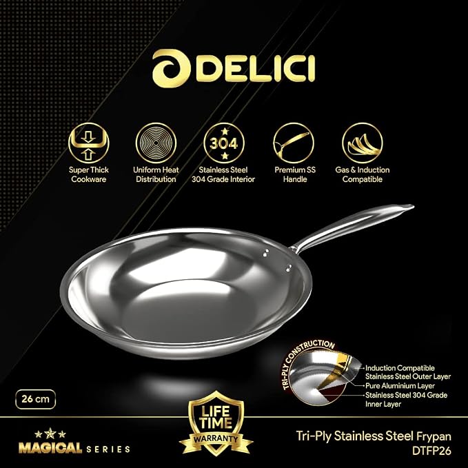 Delici Stainless Steel Fry Pan 28CM | 304 Grade SS | Oven Safe | DFP28W