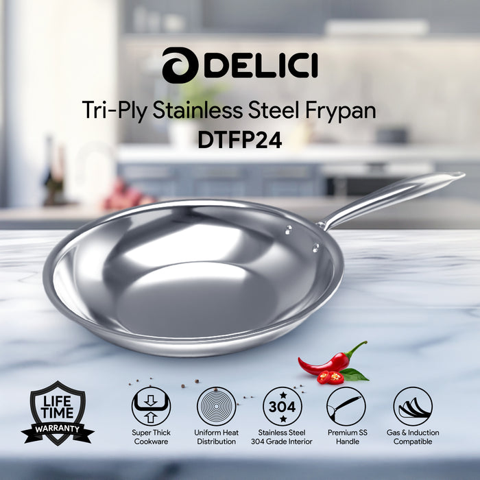 Delici Tri-Ply Stainless Steel Fry Pan 24CM | 304 Grade SS | Induction & Oven Safe | DTFP24