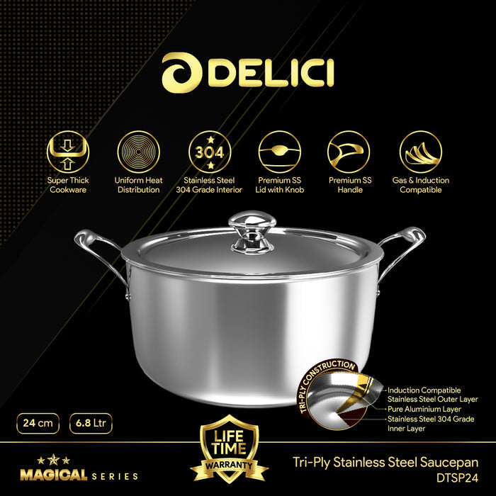 Delici Tri-Ply Stainless Steel Sauce Pan 24CM with SS Lid | 6.8L | 304 Grade | Induction & Oven Safe | DTSP24
