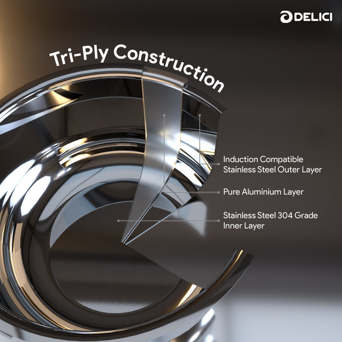 Delici Tri-Ply Stainless Steel Sauce Pan 24CM with SS Lid | 6.8L | 304 Grade | Induction & Oven Safe | DTSP24