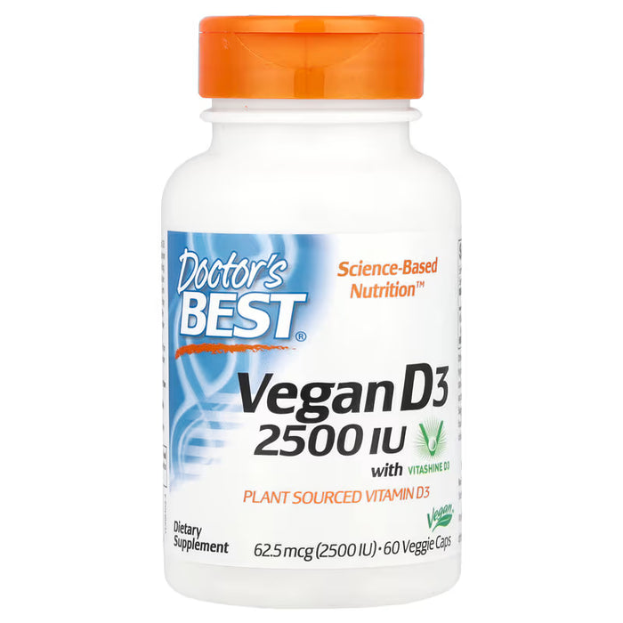 Doctor's Best Vegan D3 supplement in 60 veggie caps, showing the bottle and label with vitamin D3 content.