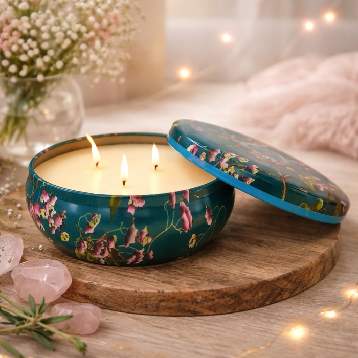 Large SaltCo floral botanic triple wick candle in coconut beach scent, housed in a 330g tin with vibrant floral and beach-inspired design.