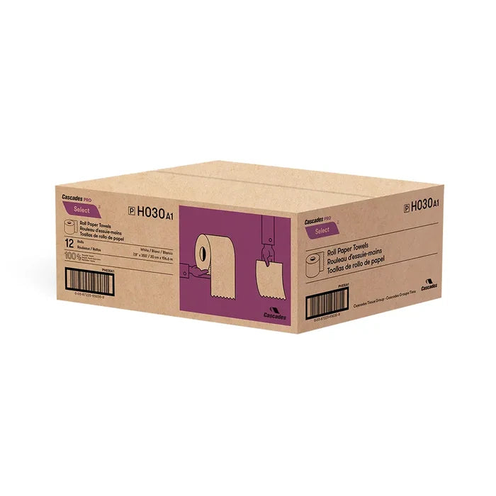 H030 Roll Paper Towel (1-Ply, White, 350ft), 12 Rolls