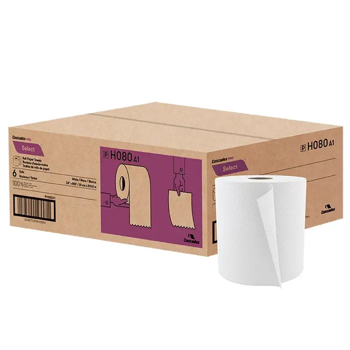 H080 Roll Paper Towel (1-Ply, White, 800ft), 6 Rolls