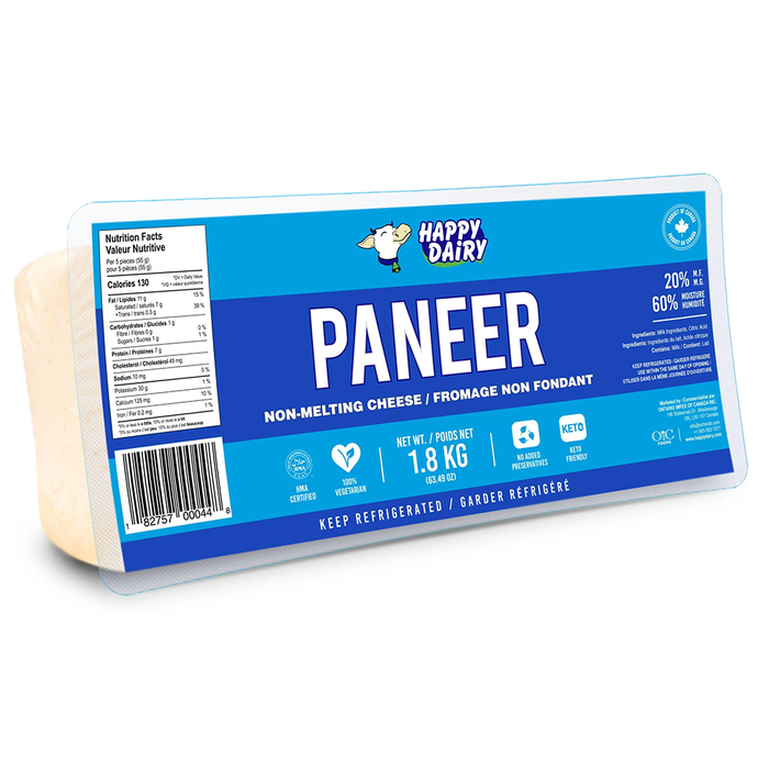 Happy Dairy Paneer Cheese 20%M.F. 1.8kg - 6 Count