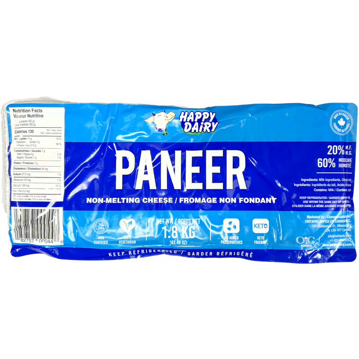 Happy Dairy Paneer Cheese 20%M.F. 1.8kg - 6 Count