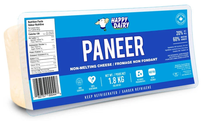 Happy Dairy Paneer Cheese 20%M.F. 1.8kg - 6 Count
