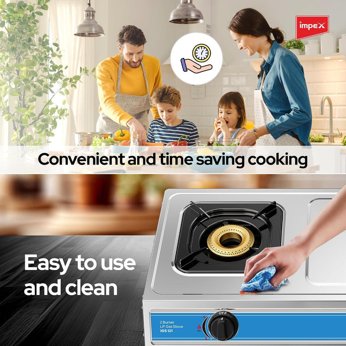 Impex 2 Burner LP Gas Stove Stainless Steel Heavy(IGS 121)