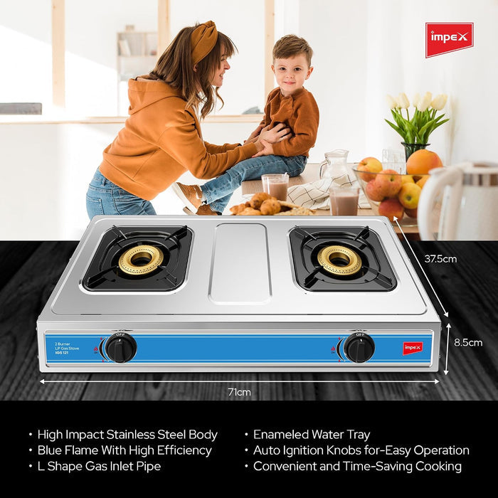 Impex 2 Burner LP Gas Stove Stainless Steel Heavy(IGS 121)