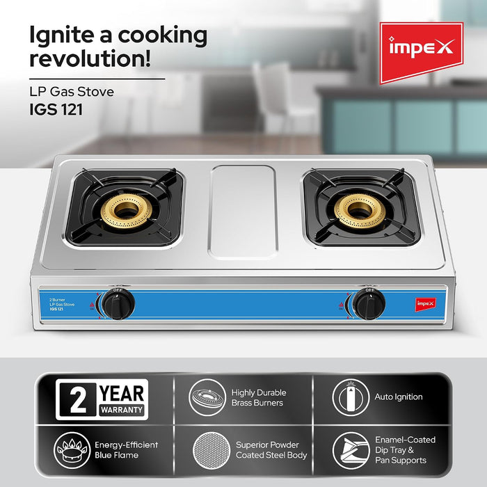 Impex 2 Burner LP Gas Stove Stainless Steel Heavy(IGS 121)