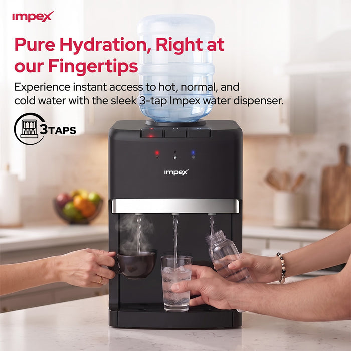 Impex 3 Tap Table Top Water Dispenser WD3903C | Compressor Cooling | Stainless Steel Tank