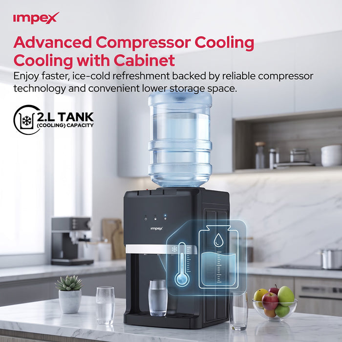 Impex 3 Tap Table Top Water Dispenser WD3903C | Compressor Cooling | Stainless Steel Tank