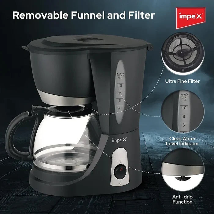 Impex CM1912 – 1.25L 12-Cup Drip Coffee Maker with Keep-Warm Plate & Anti-Drip