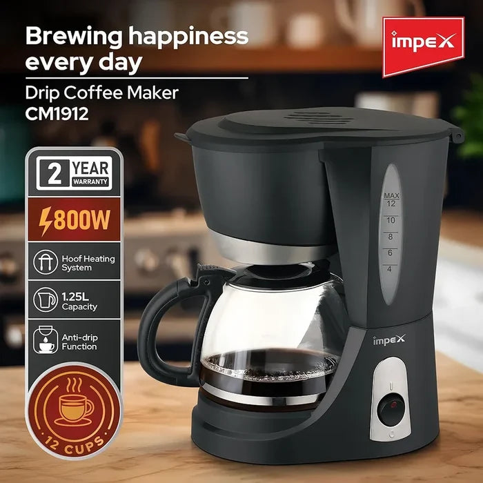 Impex CM1912 – 1.25L 12-Cup Drip Coffee Maker with Keep-Warm Plate & Anti-Drip