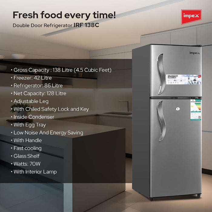 Impex IRF138C 138L Double Door Refrigerator-Freezer | Direct Cool | Dark Grey