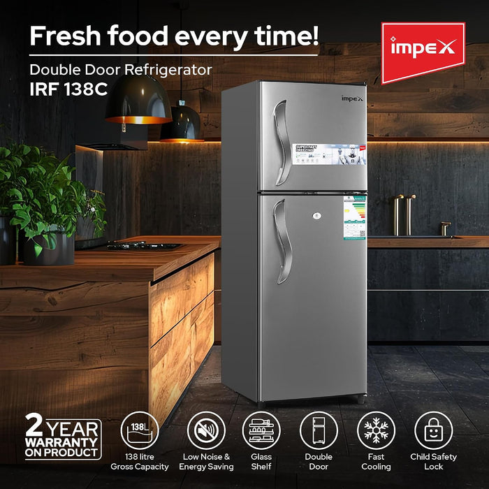 Impex IRF138C 138L Double Door Refrigerator-Freezer | Direct Cool | Dark Grey
