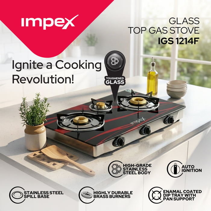 Impex LP Gas Stove 3Burner Glass (IGS 1213F)