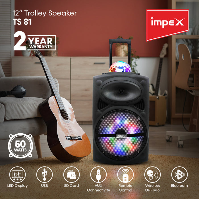 Impex TS81 Portable Trolley Speaker | 4000W PMPO | Karaoke | Wireless Mic