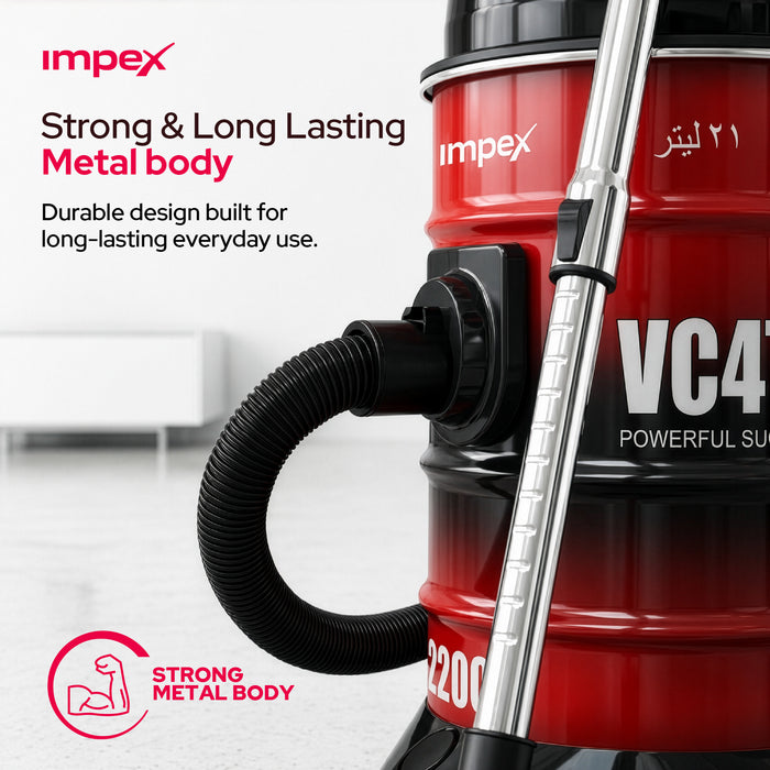 Impex VC4704 Drum Vacuum Cleaner – 2200W, 21L Capacity, Blower Function & Metal Body