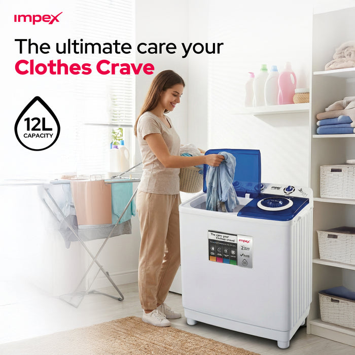 A woman stands beside a white and blue Impex 12L top-loading washing machine in a bright laundry room, loading or unloading a light blue garment. The image includes marketing text and a 12L capacity badge, with shelves and a folding chair visible in the background.
