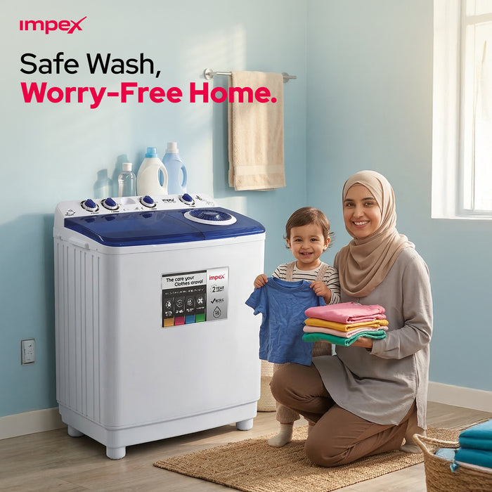 A white and blue Impex top-loading washing machine in a bright laundry room, with a woman and child kneeling beside it holding folded clothes. The Impex logo and the text 'Safe Wash, Worry-Free Home.