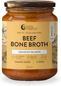 Nutra Organics Beef Bone Broth concentrate with turmeric and ginger in a 250g jar, showcasing the product label and packaging.