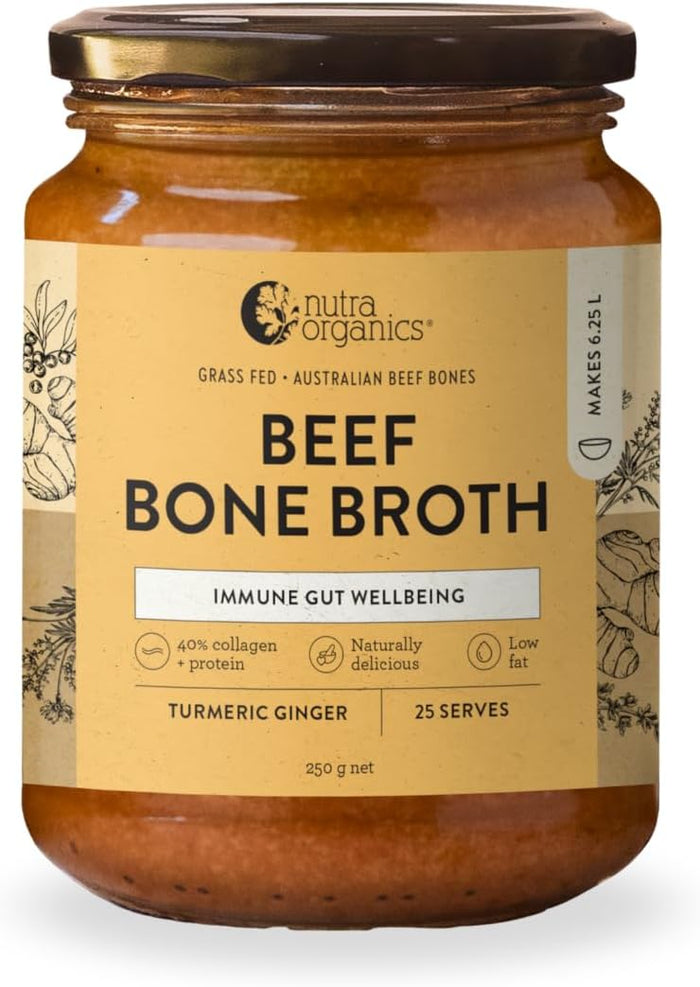 Nutra Organics Beef Bone Broth concentrate with turmeric and ginger in a 250g jar, showcasing the product label and packaging.